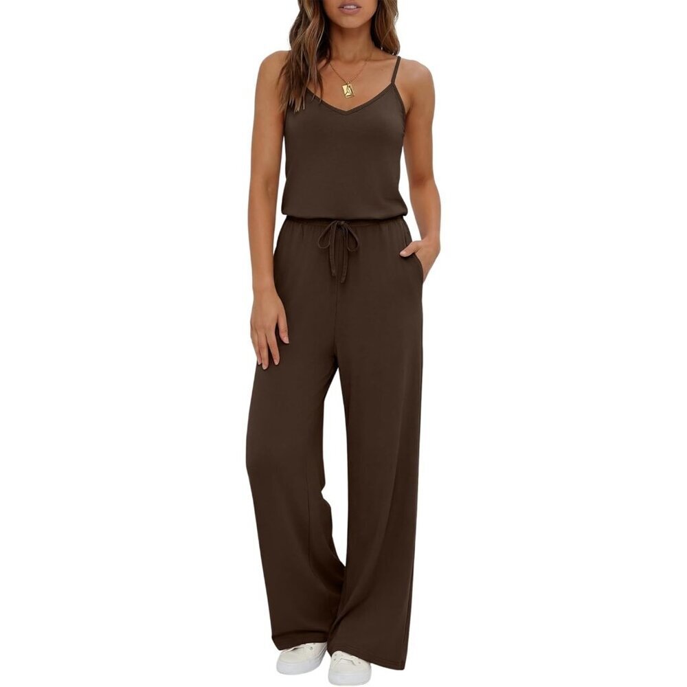 Women's Brown Summer Dressy Sleeveless Wide Leg Long Pant Romper Jumpsuit
